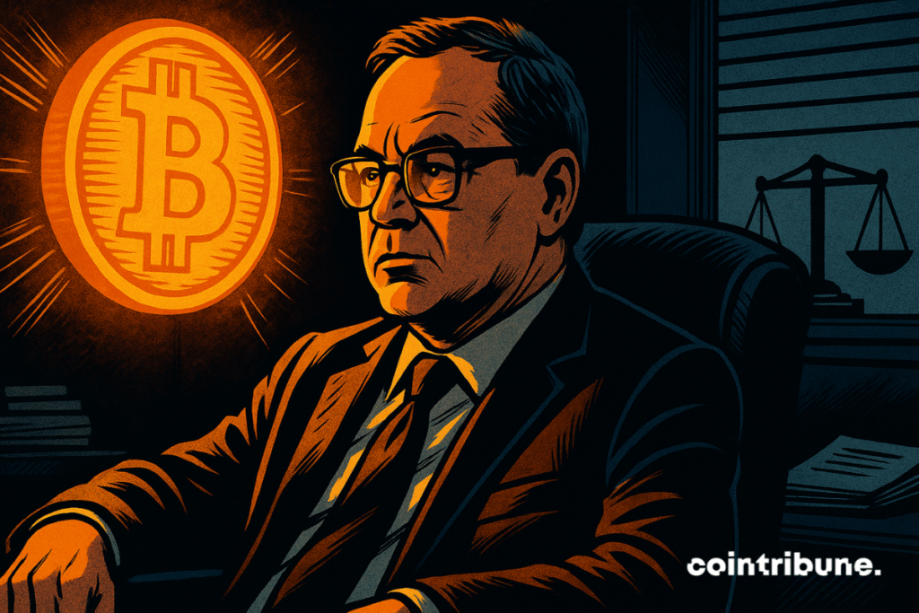 Kevin Hassett est assis dans un fauteuil pivotant, une moitié de visage éclairée par un Bitcoin, l’autre par la Fed.