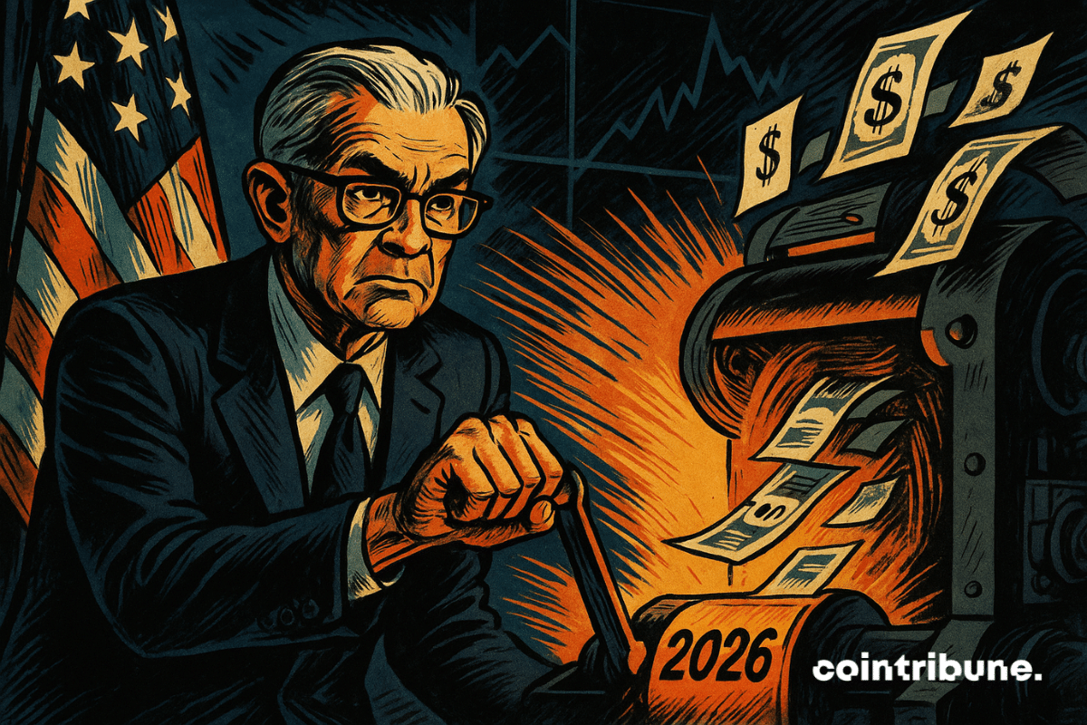 A stern Federal Reserve official in a 1970s comic style pulls a glowing orange lever labeled “2026” on a money-printing machine as dollar bills fly out, with an American flag and stock charts behind him.