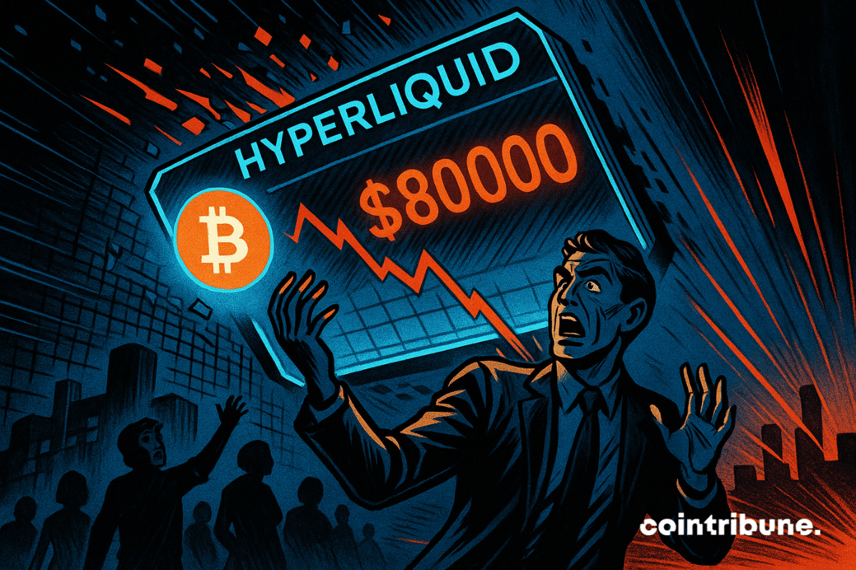 A panicked man looks up at a collapsing holographic Hyperliquid chart showing Bitcoin falling to K as digital fragments scatter around him in a dramatic comic style.