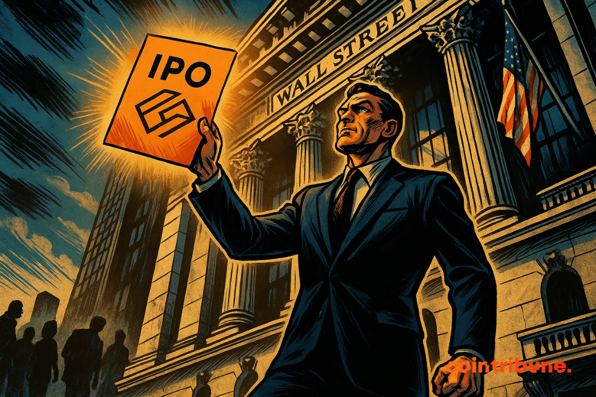 A man in a suit holds up an orange “IPO” sign in front of Wall Street, determined, surrounded by silhouettes and the American flag.