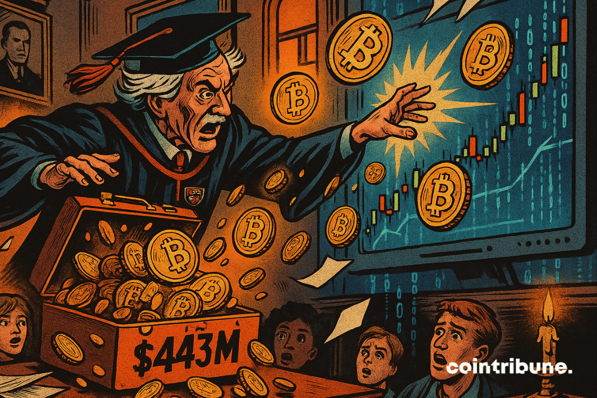 Harvard professor throws Bitcoin coins into a digital chart as shocked students watch in a vintage comic-style scene.