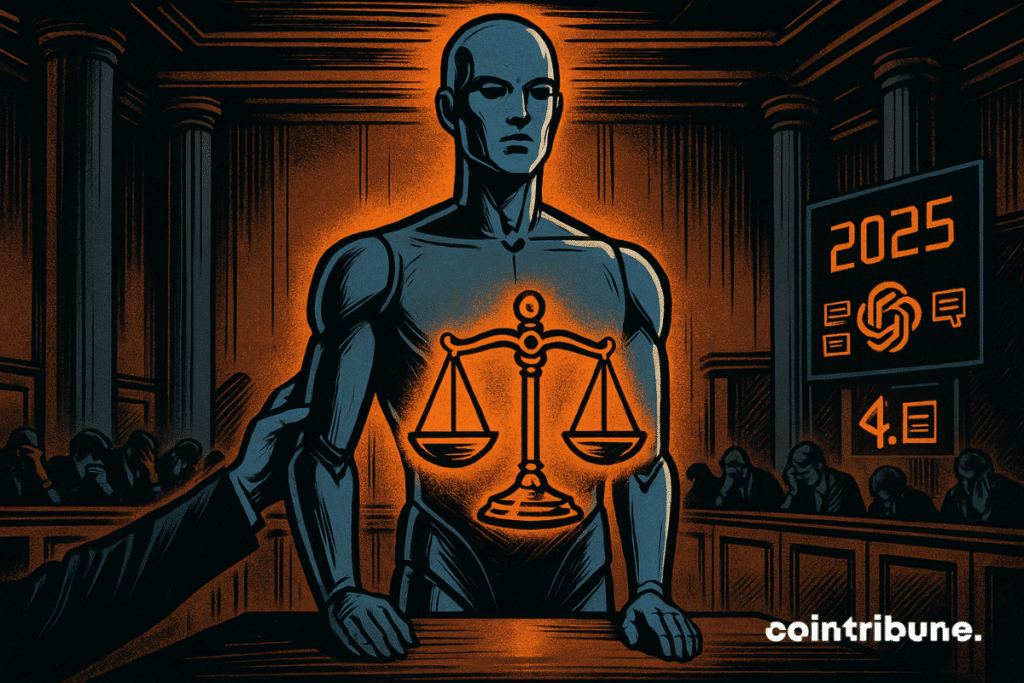 Une IA humanoïde représentant GPT-4o d’OpenAI est debout dans un box d’accusé futuriste.