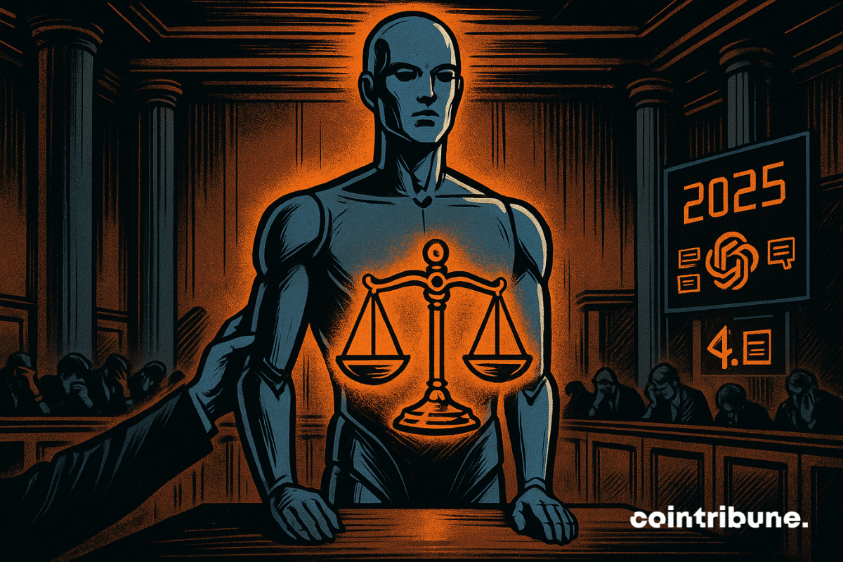 Une IA humanoïde représentant GPT-4o d’OpenAI est debout dans un box d’accusé futuriste.