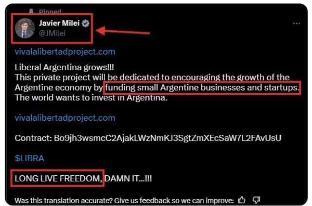 On February 14, 2025, Javier Milei shared an enthusiastic message on X, praising the crypto $LIBRA as a tool to finance Argentine SMEs