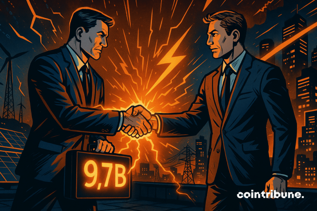 Two businessmen shake hands on a rooftop as orange energy sparks fly, symbolizing a .7B deal with IREN.