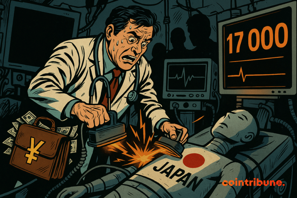 Um médico em pânico tenta ressuscitar um paciente-robô rotulado como “Japão”, cercado por máquinas médicas que exibem “17.000”.