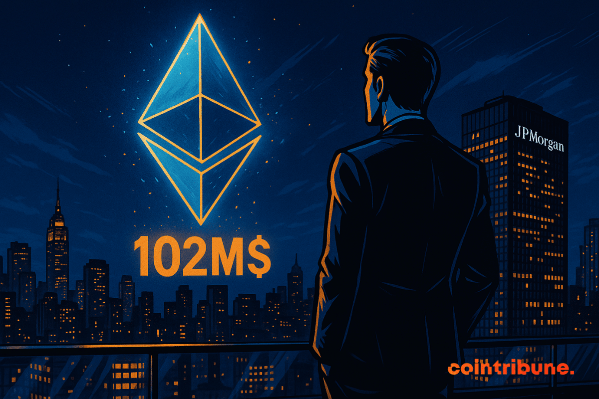 Un homme en costume observe un hologramme Ethereum lumineux depuis un toit, face à la tour JPMorgan, nuit étoilée.