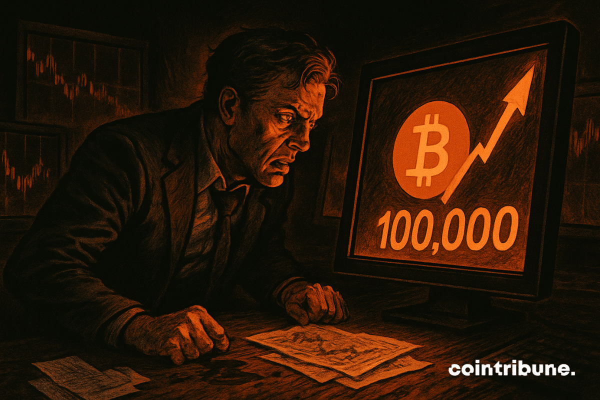 A worried trader leans toward a glowing screen with a Bitcoin logo and rising arrow, his face illuminated in orange light amid a dark, tense office.