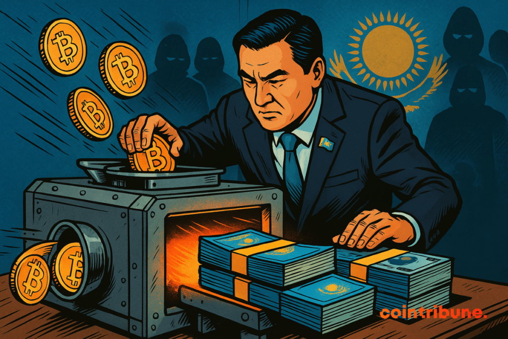 A Kazakh politician converts bitcoins into wads of cash, under the watchful eye of mysterious figures, in a tense atmosphere.
