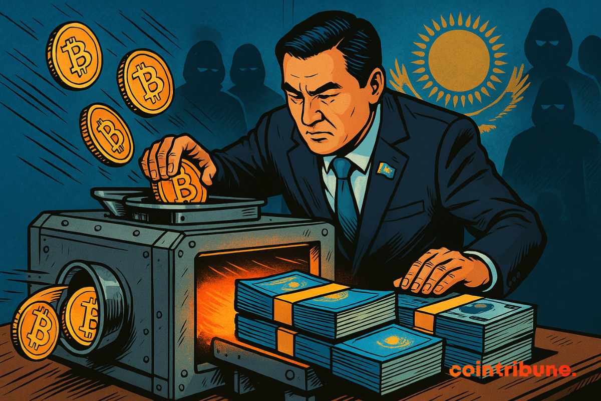 Un homme politique kazakh transforme des bitcoins en liasses de billets, sous l'œil de silhouettes mystérieuses, dans une ambiance tendue.