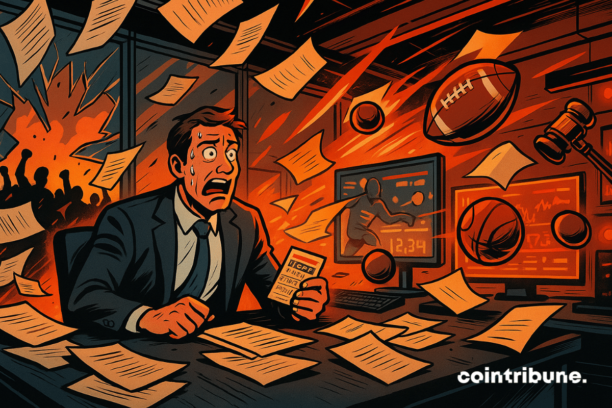 Kalshi executive panics in office as legal documents and sports symbols fly in chaotic explosion.