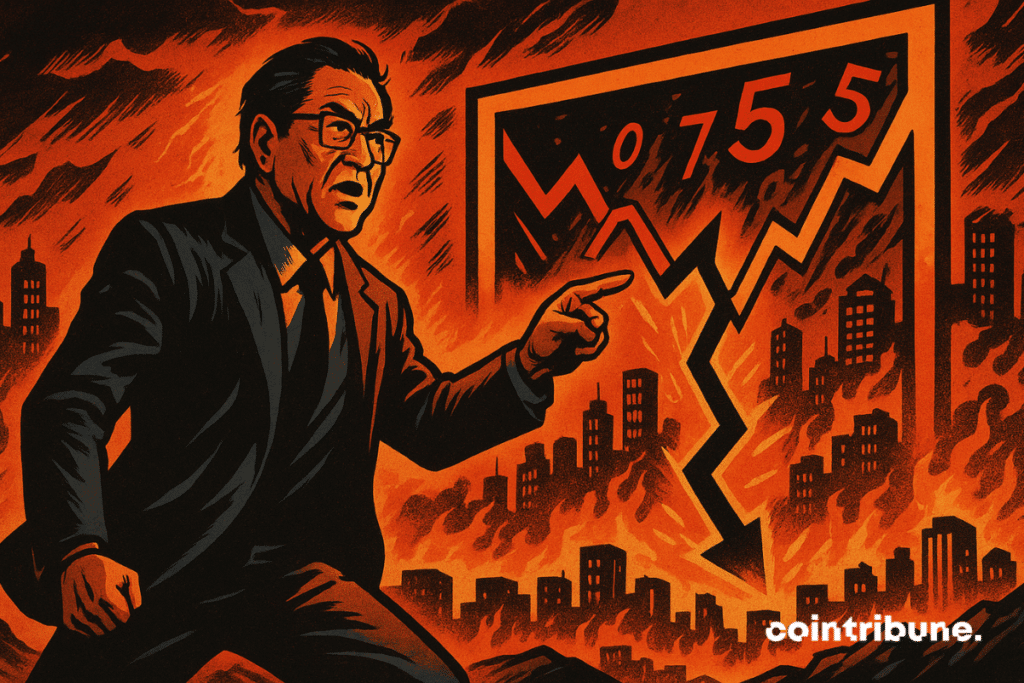 Kiyosaki est debout sur une colline, observant une ville en train de s’effondrer, ce qui symbolise le krach actuel dû à la pénurie de cash.