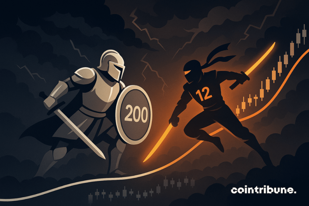 Ciel abstrait style champ de bataille céleste, cadrage cinémascope dramatique. Personnages : Deux entités humanoïdes : SMA : guerrier en armure épurée, stable, large bouclier rond affichant "200". EMA : ninja vif, armure légère, trait de feu en main, marqué "12". Élément central : Les deux figures s’affrontent au centre, avec en fond un graphique géant.