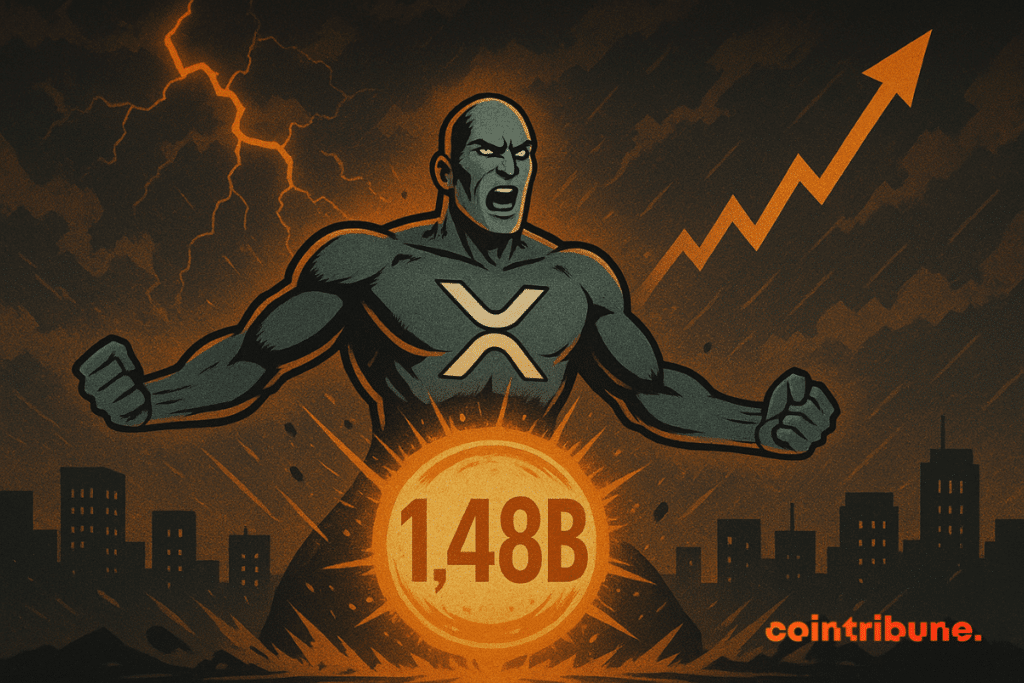 XRP logo figure with glowing 1.48B network spike symbolizing rising on-chain activity