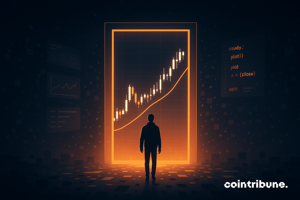 Un gigantesque écran flottant en forme de portail rectangulaire au centre d’un vide numérique. Personnage central : Un trader s’apprête à passer le seuil, silhouette en ombre chinoise. Élément central : Le graphique TradingView affiché comme une entrée vers un monde structuré.