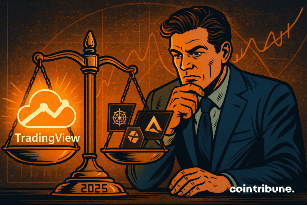Un personnage assis devant une balance géante, pesant d’un côté TradingView et de l’autre plusieurs concurrents. Personnage central : Trader façon juge, concentré sur la balance. Posture : Main posée sur la balance, regard décidé. Élément central : Poids représentés par logos, scripts, alertes, IA.
