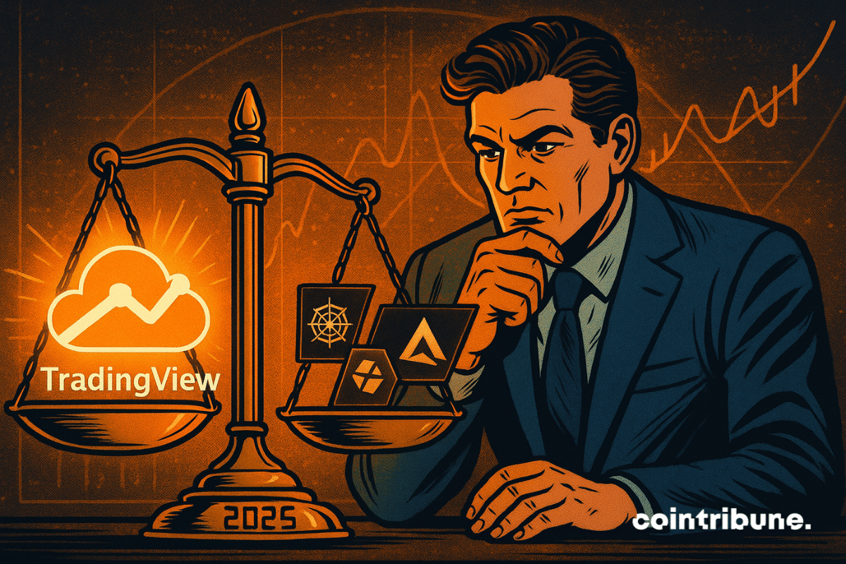 Un personnage assis devant une balance géante, pesant d’un côté TradingView et de l’autre plusieurs concurrents. Personnage central : Trader façon juge, concentré sur la balance. Posture : Main posée sur la balance, regard décidé. Élément central : Poids représentés par logos, scripts, alertes, IA.