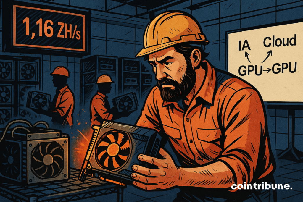 Um mineiro preocupado examina uma GPU brilhante, cercado por colegas em ação, sob uma tela vermelha e um quadro estratégico.