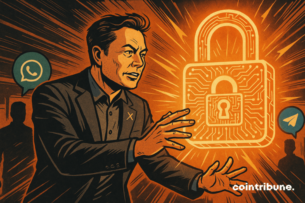 Elon Musk tend la main vers un cadenas lumineux, symbole du chiffrement, entouré des logos de WhatsApp et Telegram.