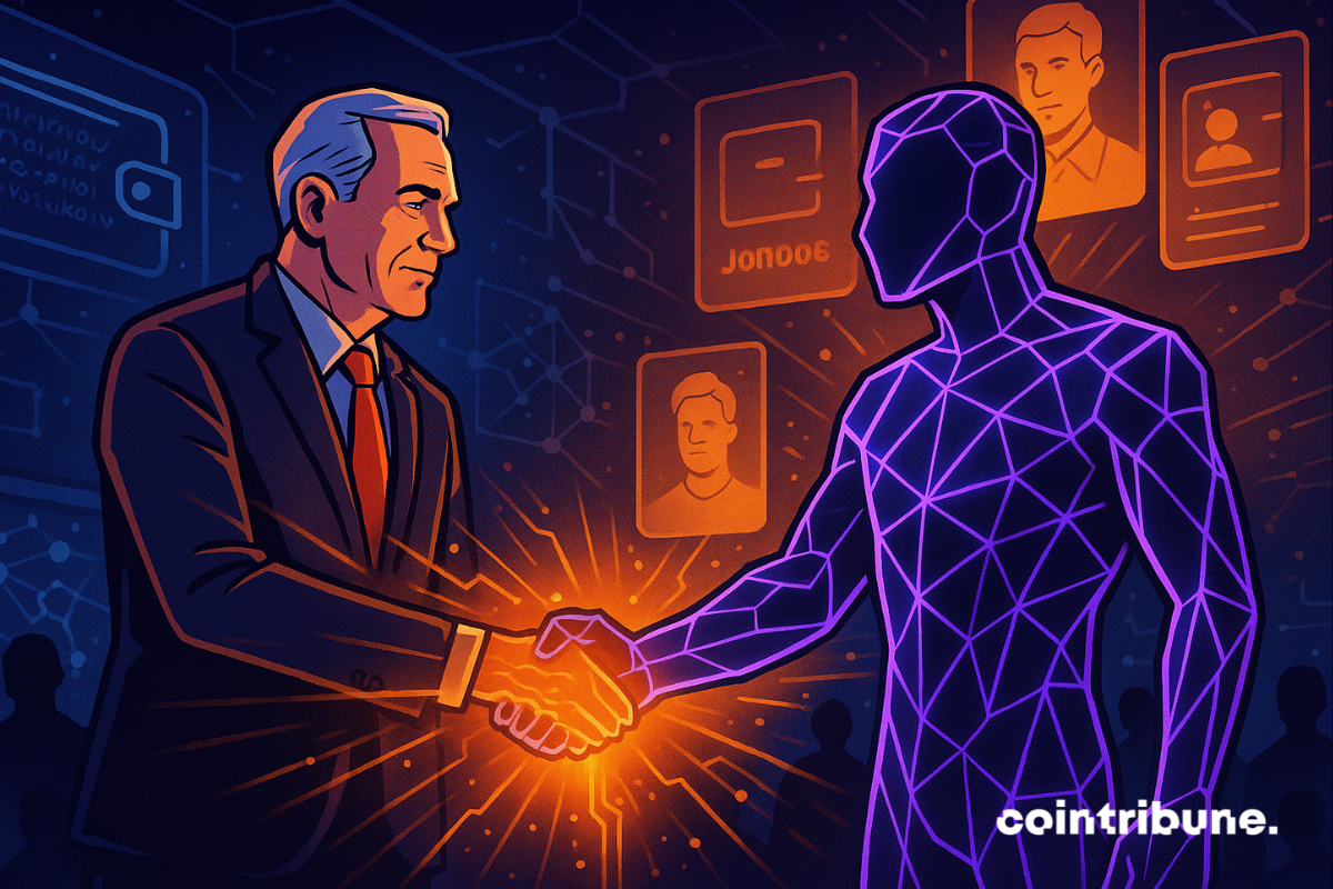 Un cadre de Mastercard serre la main d'un personnage numérique au milieu d'icônes de portefeuilles lumineuses.