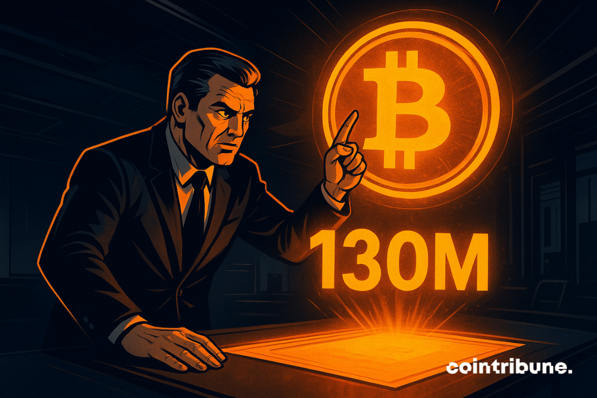 Un homme en costume pointe du doigt un hologramme orange représentant un Bitcoin et le chiffre 130 millions dans une salle de conférence sombre, dans un style inspiré des bandes dessinées des années 1970.