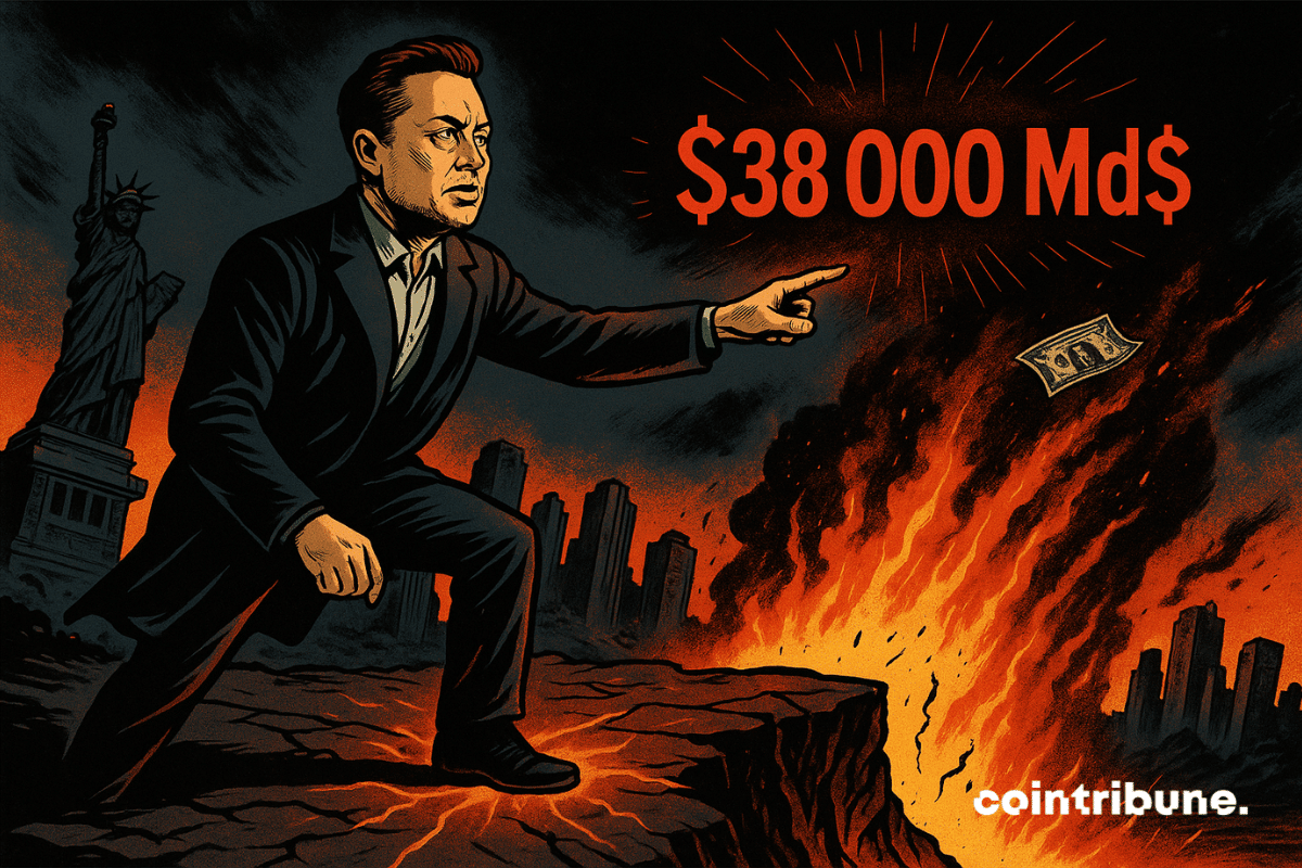Elon Musk est représenté comme une figure sérieuse, les traits crispés, vêtu d’un manteau sombre flottant légèrement dans le vent. Il tend le bras vers un chiffre rouge flamboyant suspendu dans les airs : « 38 000 Md $ », ce qui symbolise l’importance de la dette US.