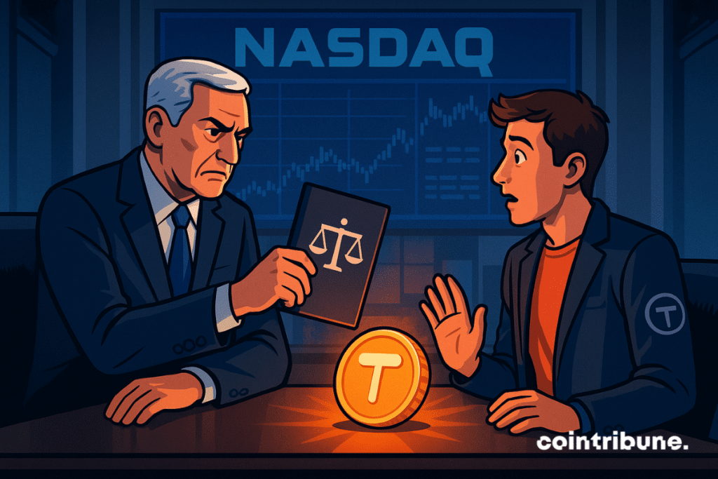 A stern businessman symbolizing Nasdaq reprimands a surprised tech entrepreneur across a table where a glowing Toncoin lies under dramatic blue and orange lighting.