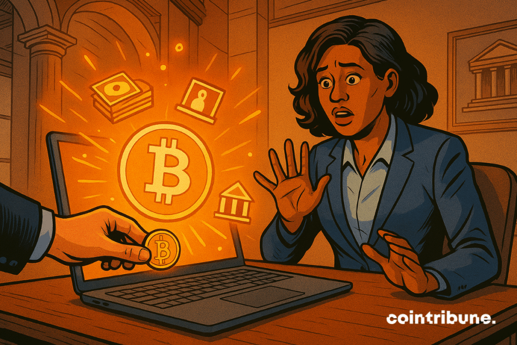 Un juge abat son marteau sur un Bitcoin, libérant une onde d’énergie sous le regard stupéfait de responsables de l’OCC et de banquiers.