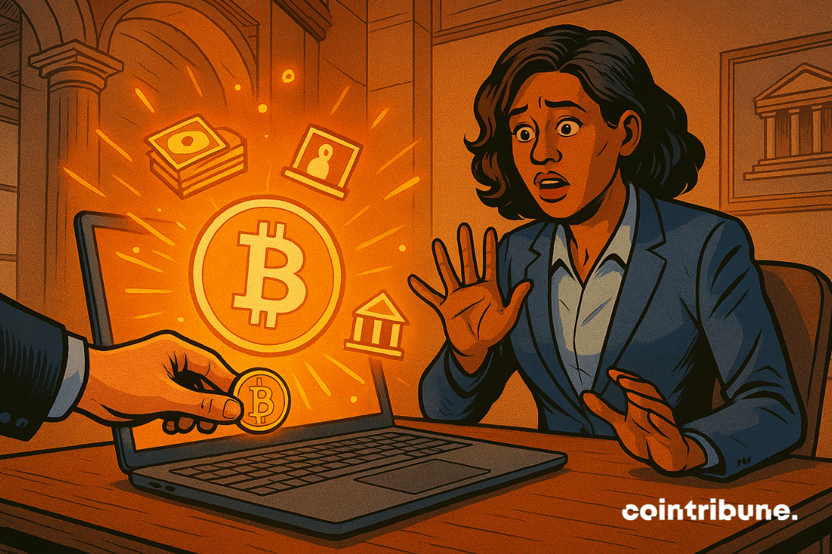 Un juge abat son marteau sur un Bitcoin, libérant une onde d’énergie sous le regard stupéfait de responsables de l’OCC et de banquiers.