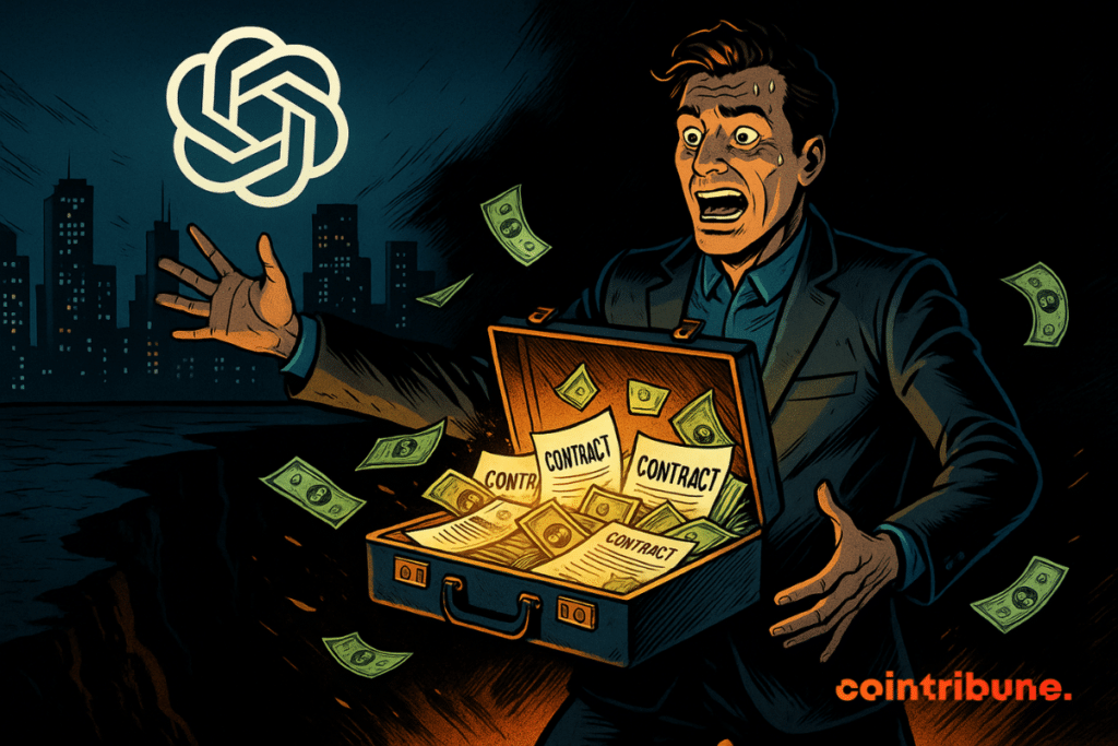 A man in a suit opens a briefcase overflowing with money and contracts, facing a threatening abyss in the background.