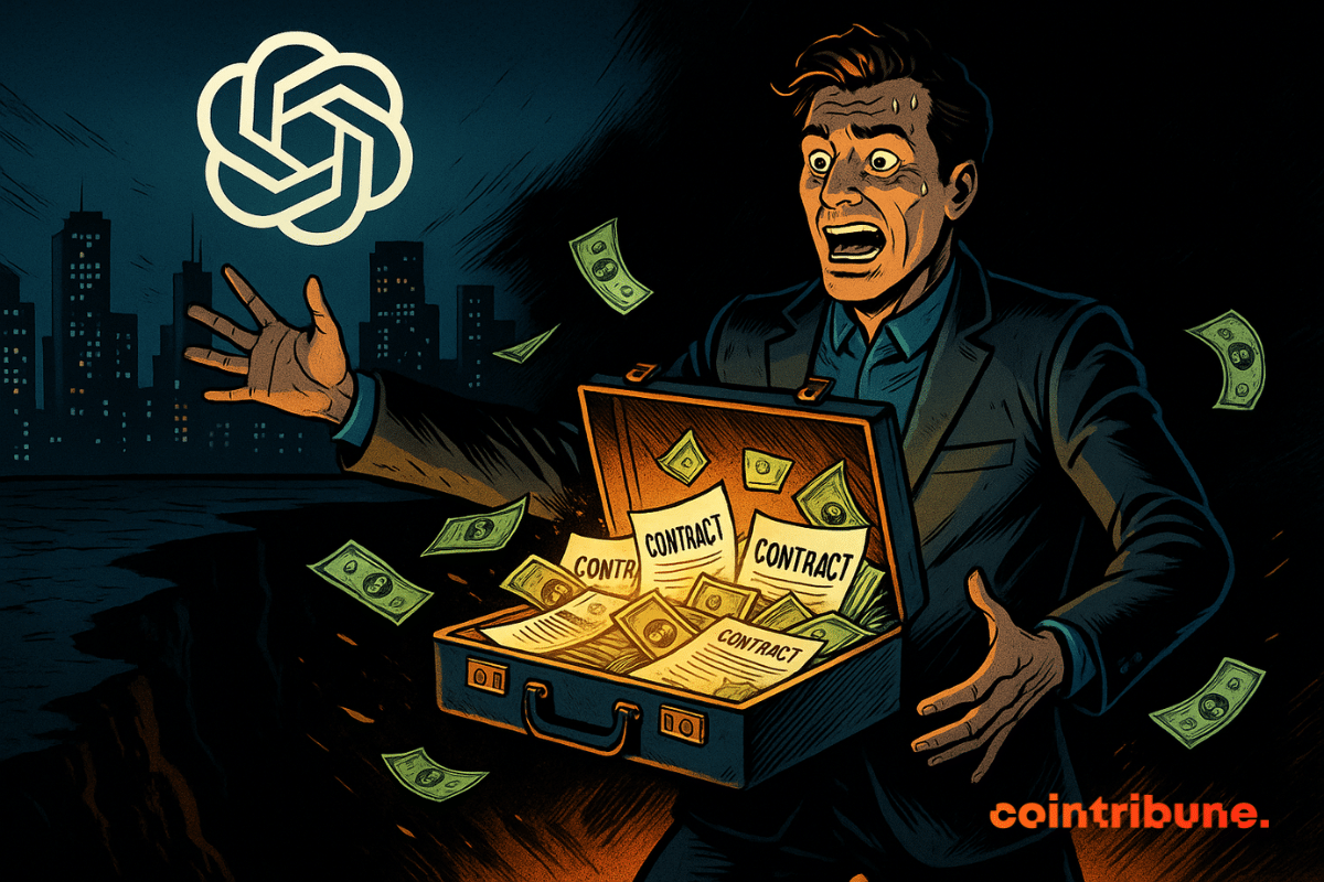 A man in a suit opens a briefcase overflowing with money and contracts, facing a threatening abyss in the background.