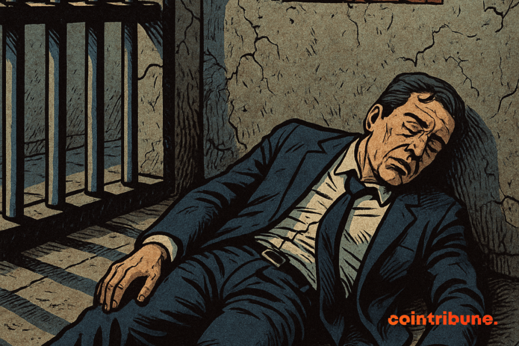 Ex-CEO da Thodex morre em prisão turca, segurando uma chave cripto brilhante, sob luz laranja e vigilância.