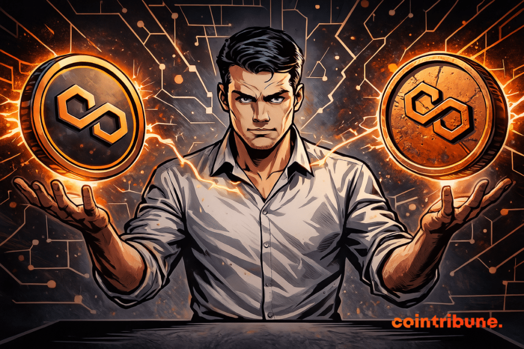 A man with an intense look levitates two glowing polygonal tokens, one modern and one worn, in an orange-and-black scene styled like a 1970s comic.