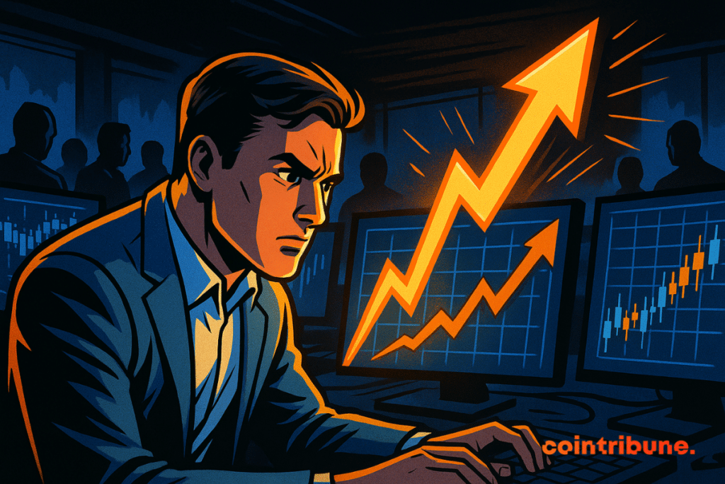 Un trader au style comique observe des écrans lumineux tandis qu'une flèche orange vif s'élève vers le haut, illuminant son visage concentré dans une salle des marchés sombre.