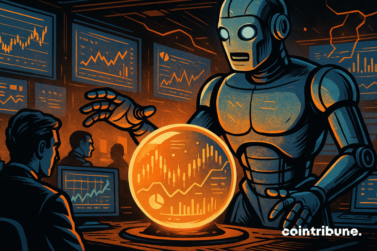 Un robot rétro analyse une sphère lumineuse contenant des données dans une salle de contrôle équipée d'écrans de marché prédictif.