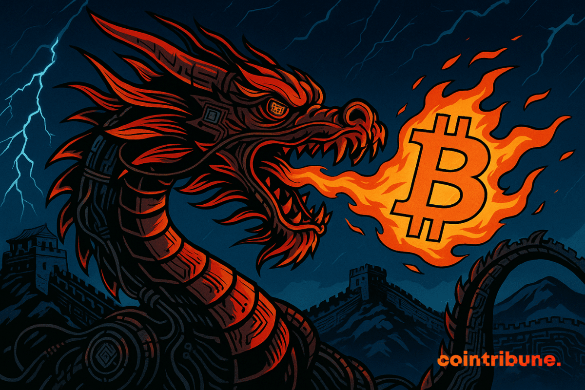 A mechanical Chinese dragon spits out a flame shaped like a Bitcoin, in front of an electrified wall under a dramatic stormy sky.