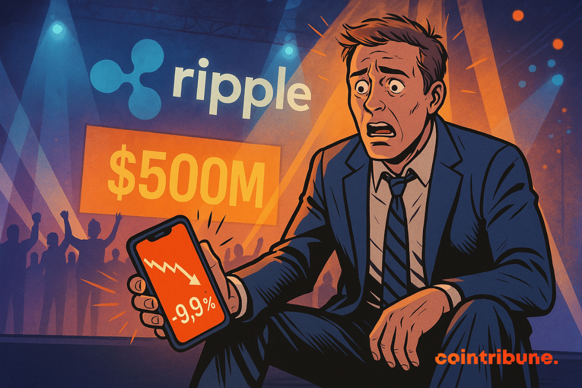 Un homme en costume, choqué, regarde son téléphone affichant -9,9 %, tandis qu’une conférence Ripple célèbre 500M$.