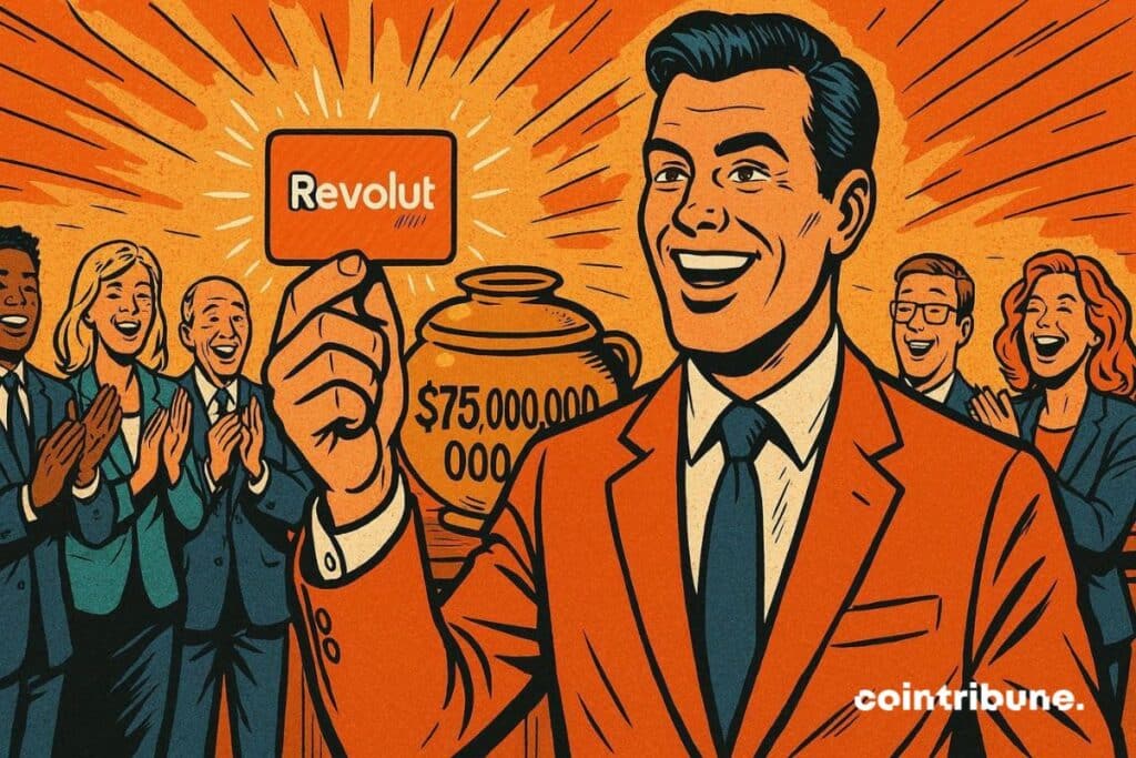 Un ejecutivo de Revolut sostiene una tarjeta brillante. Detrás de él, inversores en cripto aplauden junto a un fondo de 75 mil millones de dólares.