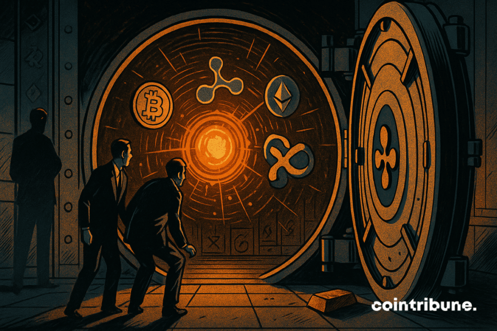 Une porte de coffre-fort bancaire massive, désormais grande ouverte, révèle un noyau énergétique numérique. À l’intérieur du coffre, un cœur digital pulsant, composé de circuits imprimés, d’arcs lumineux et de jetons crypto en orbite (Bitcoin, Ethereum, XRP...), gravitant autour d’un centre lumineux. Deux investisseurs institutionnels se penchent légèrement pour mieux voir l’intérieur, ce qui symbolise le lancement du service de courtage de Ripple.