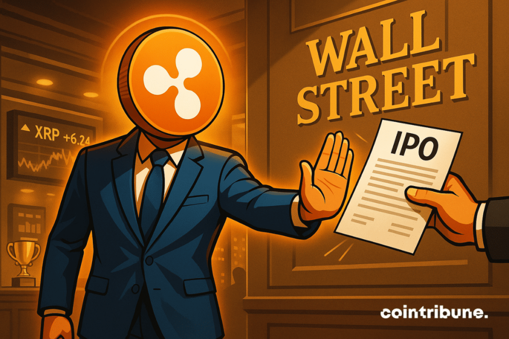 Un representante de Ripple rechaza un contrato de salida a bolsa ofrecido por una gran mano que sale de un muro con la inscripción «Wall Street».