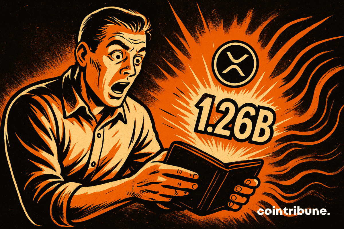 Un hombre ilustrado en un estilo de cómic de los años 70 abre una billetera digital que emite un brillo naranja intenso que revela el número 1.26B, con patrones ondulados similares a Ripple en el fondo.