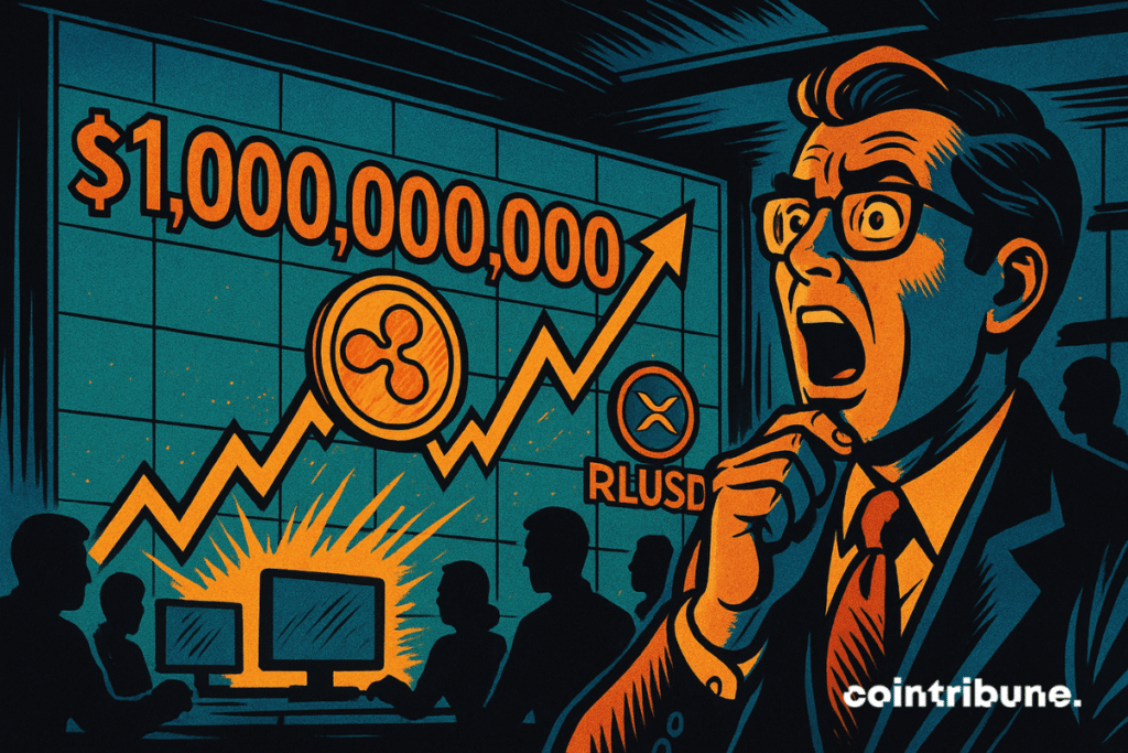 A comic-book style scene shows a shocked businessman staring at a glowing chart that displays Ripple’s RLUSD stablecoin surpassing one billion dollars, with orange and blue tones highlighting the dramatic rise.