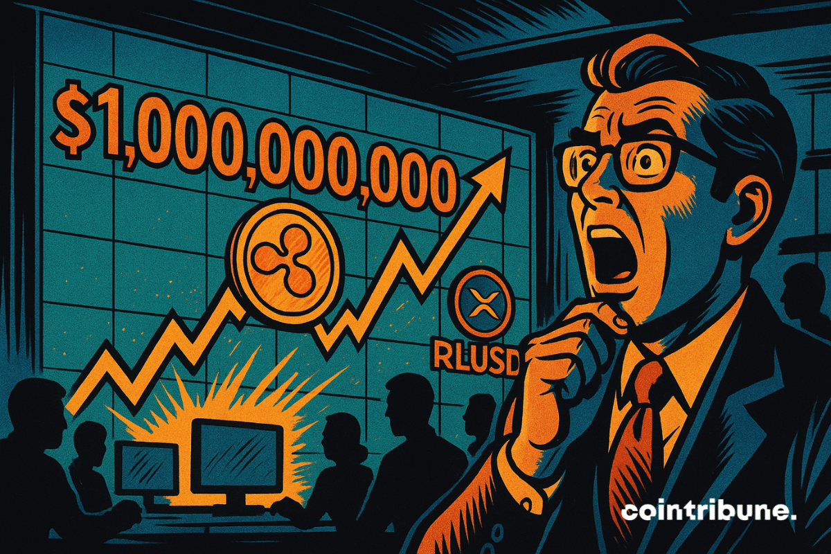 A comic-book style scene shows a shocked businessman staring at a glowing chart that displays Ripple’s RLUSD stablecoin surpassing one billion dollars, with orange and blue tones highlighting the dramatic rise.