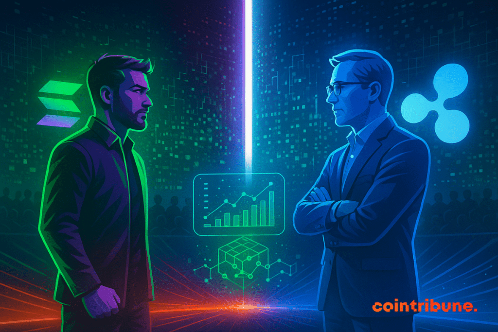 Deux hommes se font face sur une scène numérique illuminée, l'un baigné dans la lumière verte et violette de Solana, l'autre dans la teinte bleue de Ripple, avec un faisceau vertical de lumière blanche et des données holographiques de la blockchain entre eux.