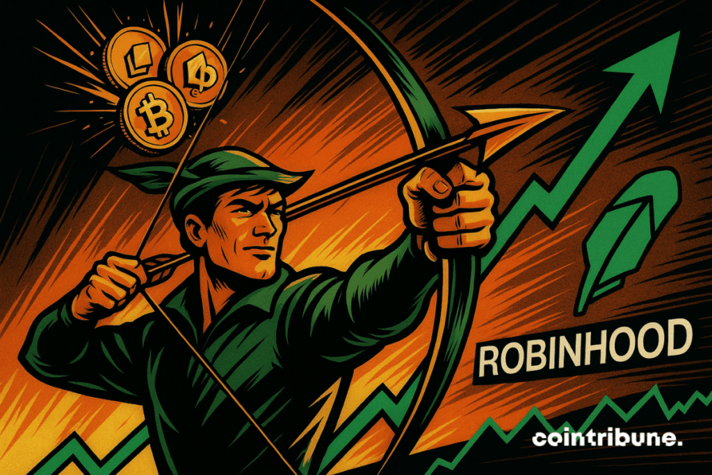 Un arquero de estilo cómic que simboliza a Robin Hood dispara una flecha hecha de criptomonedas brillantes, sobre un fondo de líneas de crecimiento de color naranja y verde intenso.
