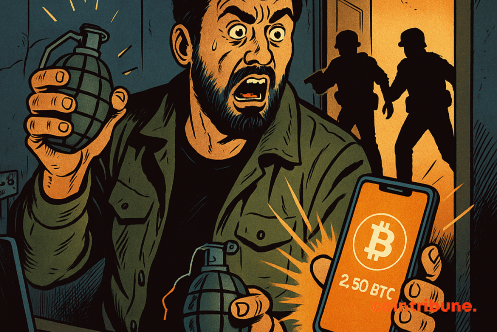 Homme paniqué brandissant deux grenades factices, montre un smartphone « 2,50 de Bitcoin » pendant une arrestation policière dramatique.