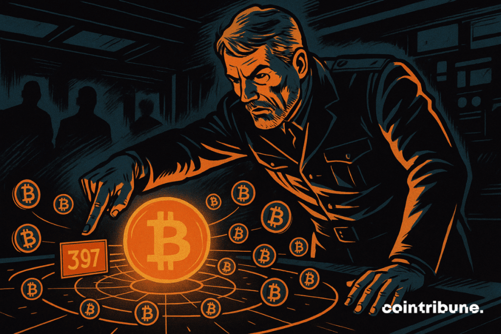 Michael Saylor, intense, pointe un hologramme Bitcoin. Ambiance militaire futuriste. Nombre 397 en surbrillance. Tension, stratégie, pouvoir, anticipation.