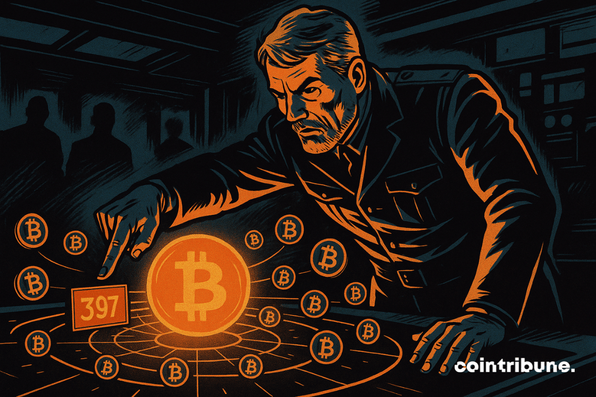 Michael Saylor, intense, points to a Bitcoin hologram. Futuristic military atmosphere. Number 397 highlighted. Tension, strategy, power, anticipation.