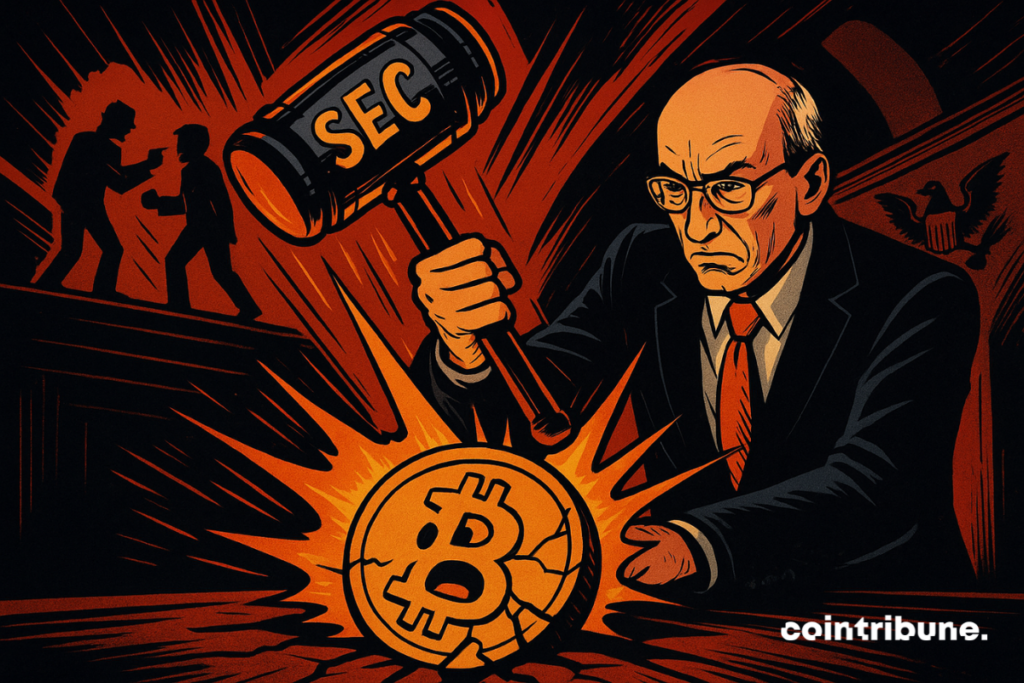 Un homme déterminé abat un marteau marqué "SEC" sur un Bitcoin fissuré, tandis que deux silhouettes politiques se disputent violemment.