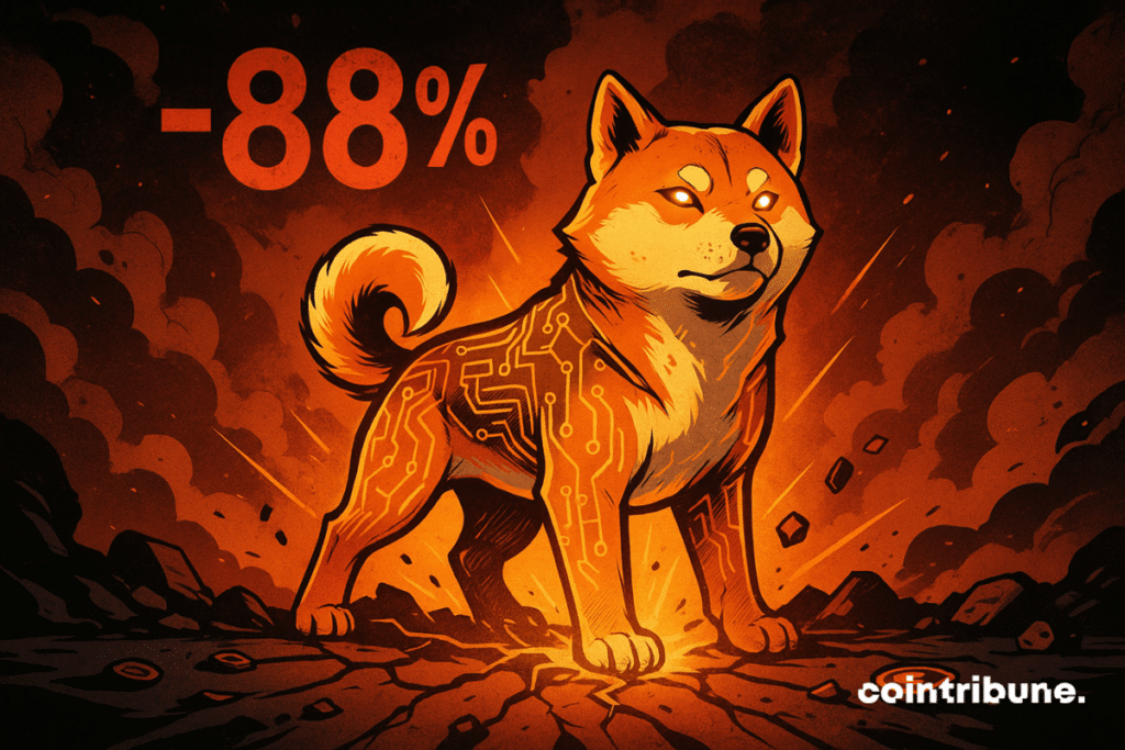 Un Shiba Inu numérique émerge d’un sol fracturé, entouré de fumée sombre, sous un "-88%" rouge, regard fier et déterminé.